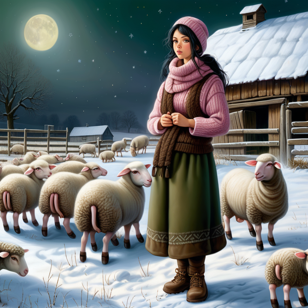 Cold winter night. Yellow moon in the sky, and a lot of stars. A beautiful peasant woman with long black hair and green eyes works in the pen in front of the barn. Around her are piglets - small and pink. Everything is in mud. The barn is surrounded by a fence of old wooden posts and wire mesh. It's winter, everything is covered with a thick layer of snow. Mud and snow mix. The peasant woman has put her feet low furry sheep skin shoes. Brown coarsely knitted woolen socks stick out from them - up to the middle of the leg and. On top of them, to keep her warm, she has put on green - brown, very wrinkled and crumpled woolen knitted gaiters. It is worn with thick elastic leggings, over it there is a shotr knitted skirt in black and brown. A chunky brown-gray wool sweater with a chin-high collar is snug around her. over it she wore an off-white furry sleeveless sweater with a triangle neckline. Above all this is a short  quilted bodice  in gray which is unbuttoned. On his head he wears a thick knitted woolen gray hat - an ushanka. He also has a thick scarf sloppily draped around his neck. He also wears gray knitted woolen gloves. across the waist, a thin hemp rope is wrapped 2-3 times. 