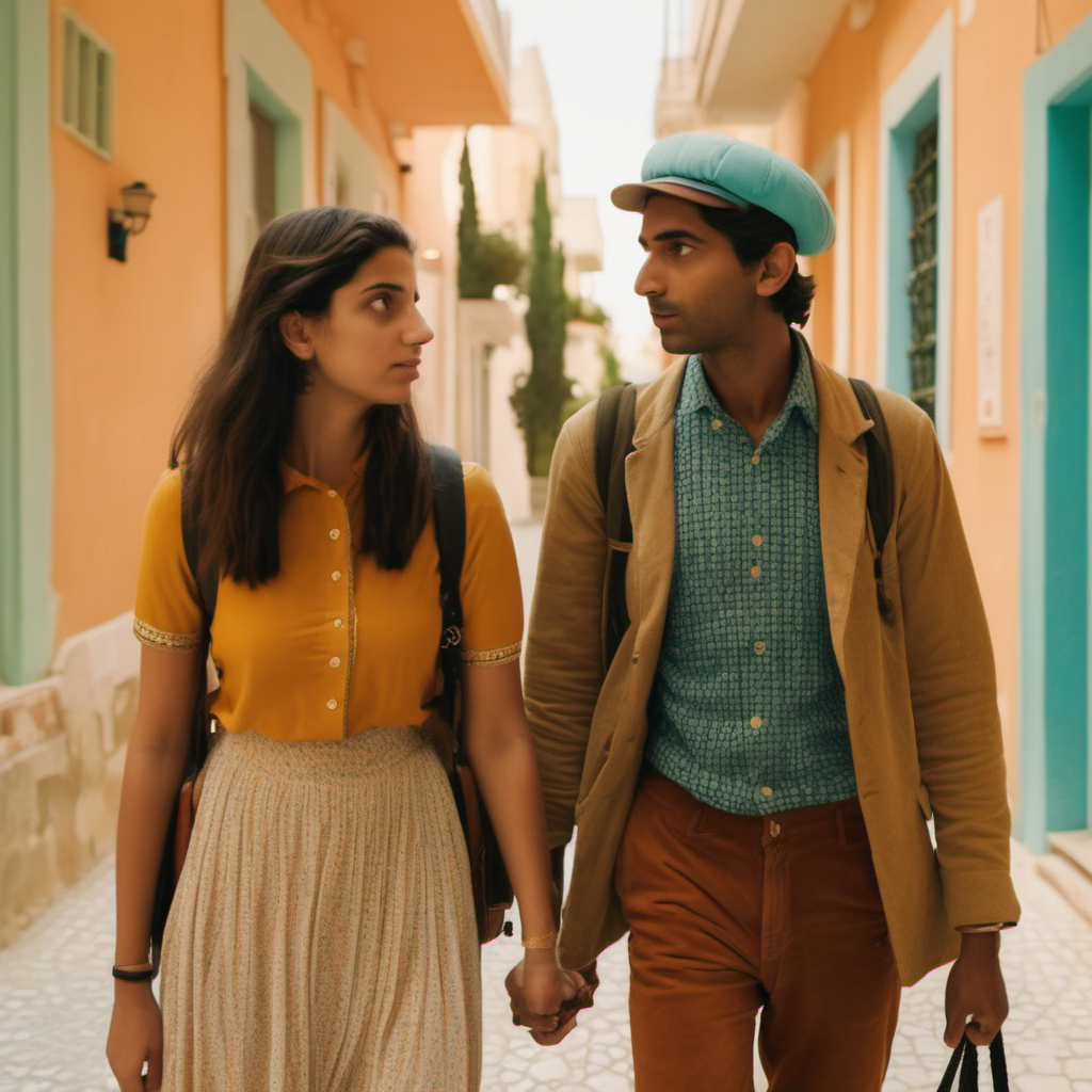 Young Indian-German couple wandering through Athens, Wes Anderson cinematic setting