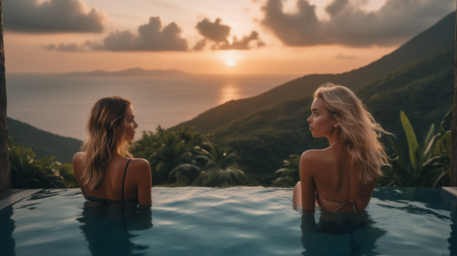 the photo is taken in a swimming pool on a mountain from which you can see the sea. two beautiful women backs to the camera sitting on board , one blonde and one brunette, wearing bikinis. It is sunset. In the distance you can see the sea. On one side, you can see a mountain with a lot of jungle-like vegetation. The lighting in the portrait should be dramatic. Sharp focus. A ultrarealistic perfect example of cinematic shot. Use muted colors to add to the scene. 