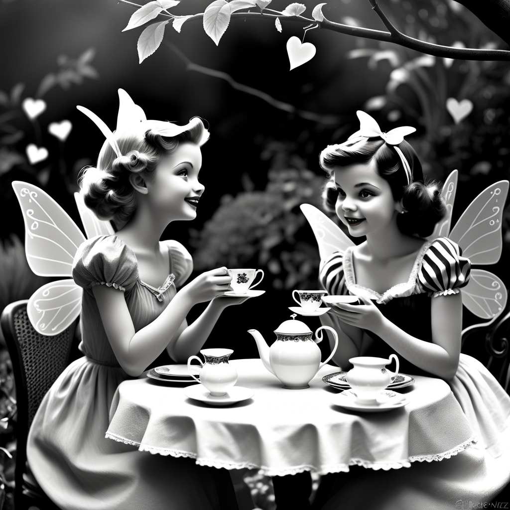 /envision prompt: "Vintage Fairy Valentines' Tea Party" depicted in black and white photography with a touch of Ansel Adams' timeless elegance. Fairies, donned in vintage attire, gather for a tea party in a sun-dappled garden. The monochromatic tones add a touch of nostalgia, and expressions capture the camaraderie of friendship and love. --v 5 --stylize 1000