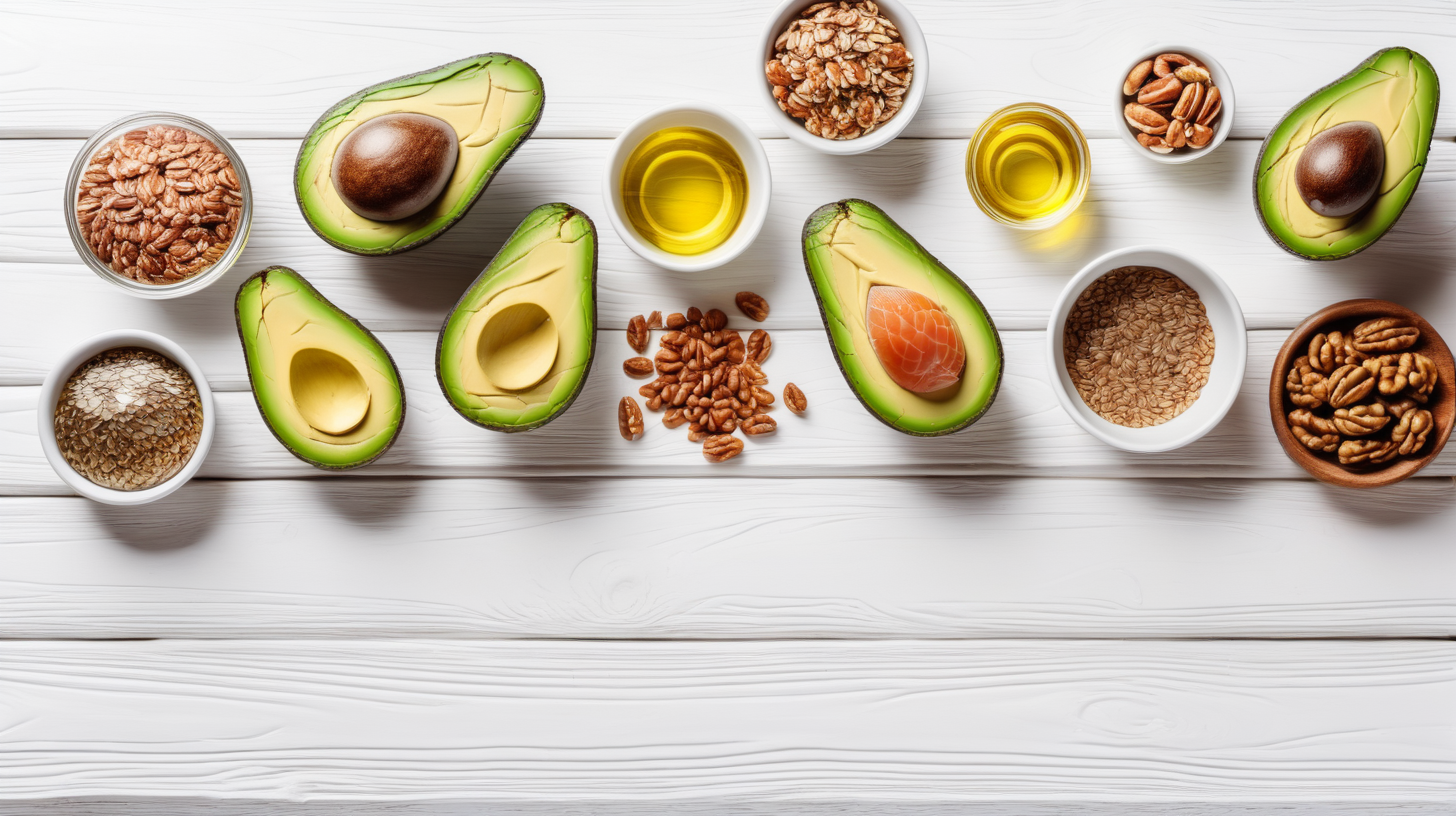 Sources of omega 3 fatty acids, flaxseeds, avocado, salmon and walnuts on white wooden table, copy space