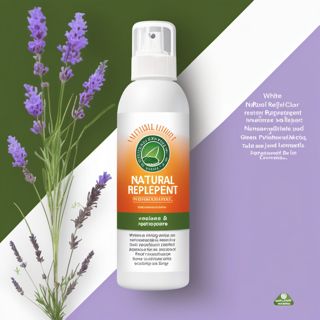 please generate the packaging for a white bottle of a natural repellent with colors on the label green and lavender and orange