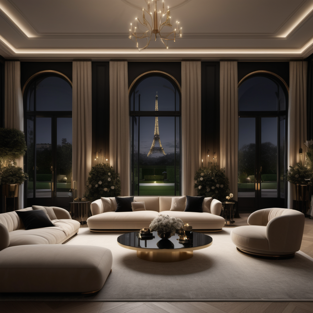 a hyperrealistic of a grand Modern Parisian estate home lounge room at night with mood lighting, floor to ceiling windows with a view of the manicured gardens , in a beige oak brass and black colour palette 
