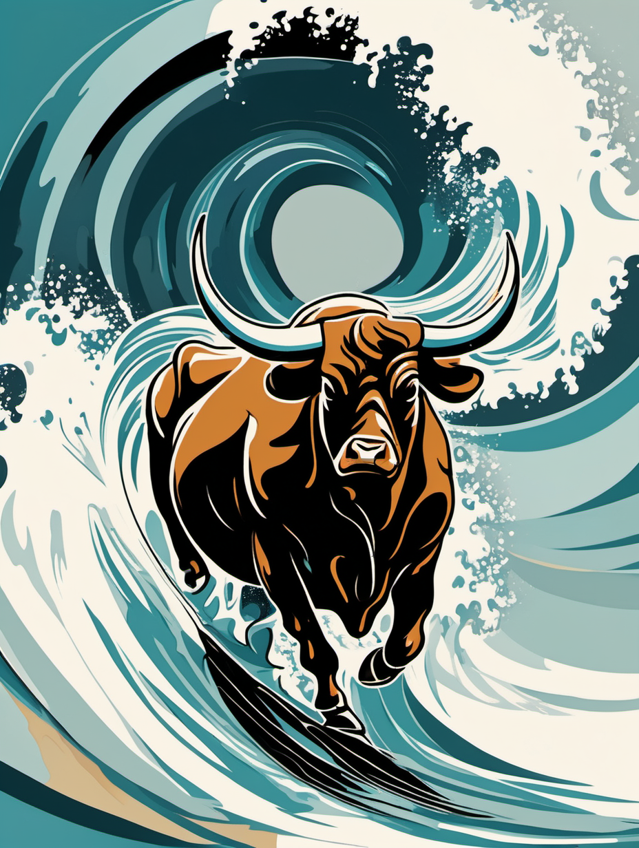 abstract art of bull without cowboy riding a wave