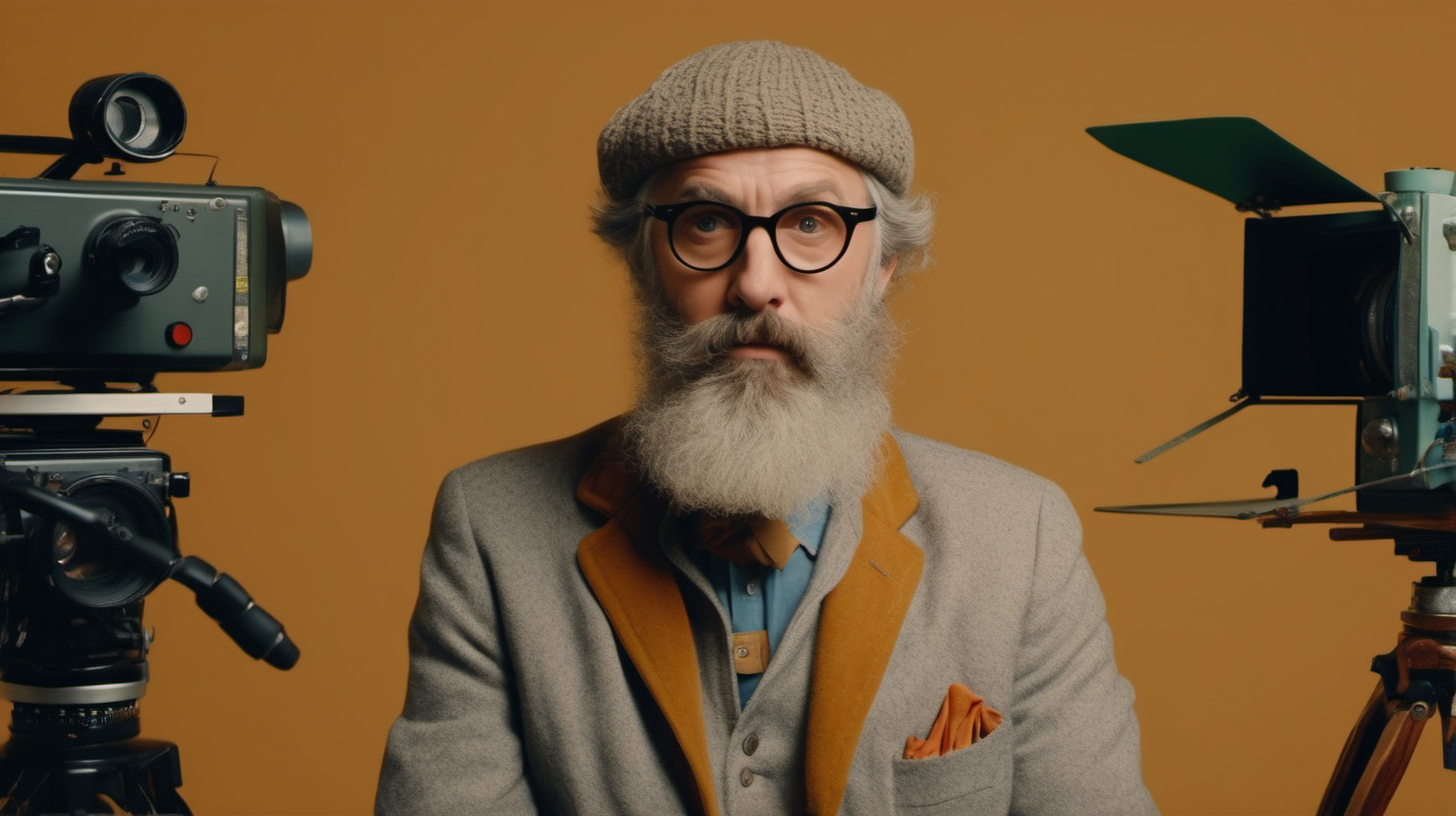 cinematic medium-wide-shot image of a grey-bearded film producer staring at camera in the style of a wes anderson film