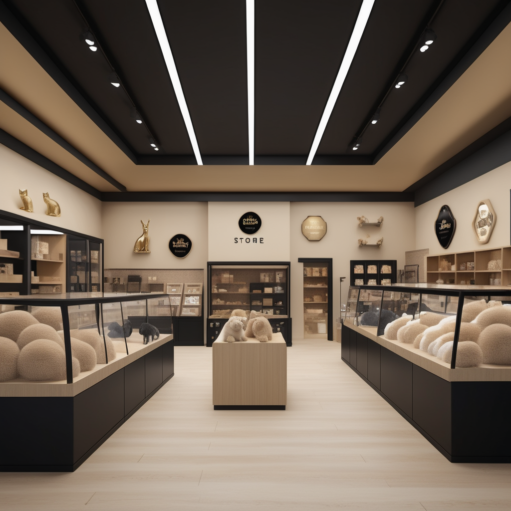 hyperrealistic image of an elegant pet store interior