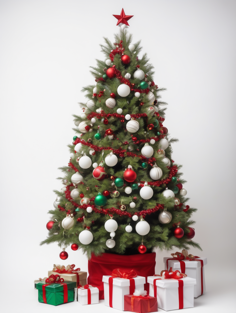 full size, little decorated christmas tree on white. With green, red and white balls and garlands