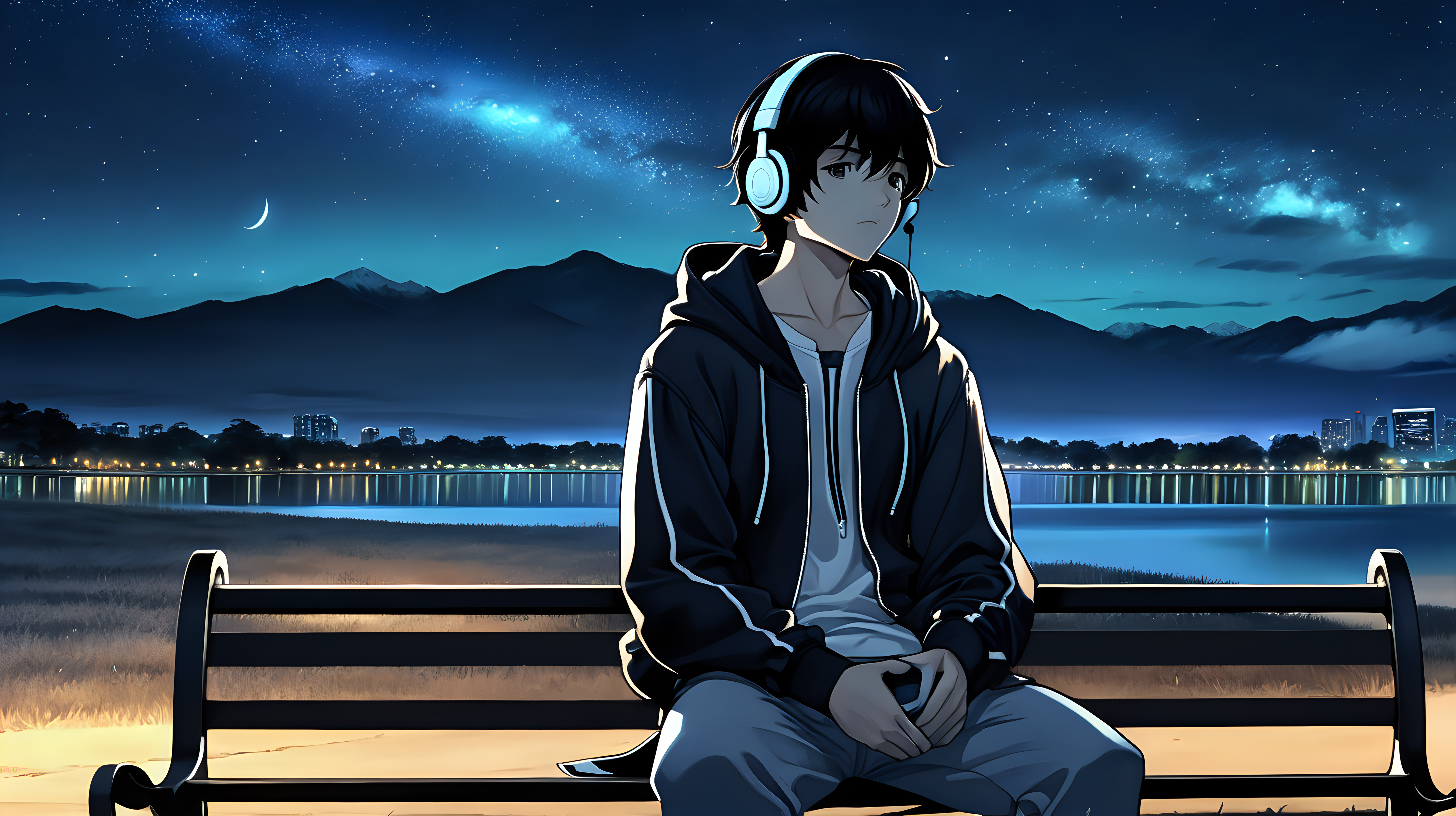 Late one night, handsome anime young boy, black hair, sitting alone on a park bench, using a headset, modern clothes, background with a beautiful night sky, simple full color, high quality, lively eyes, dark, gloomy, dark color, in room, natural eyes,