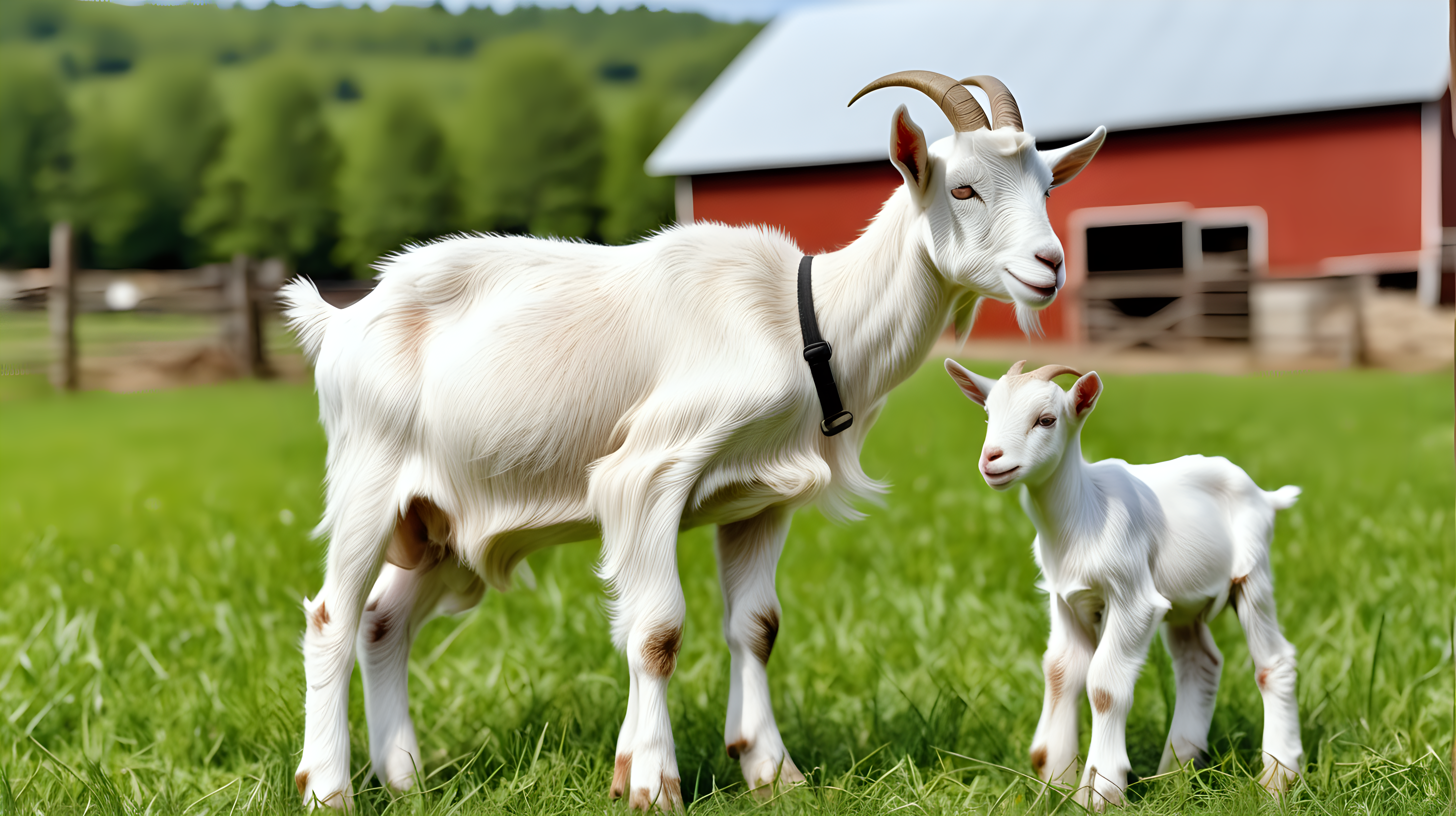 Goat kid with Goat in field, farm barn background, isolated on background