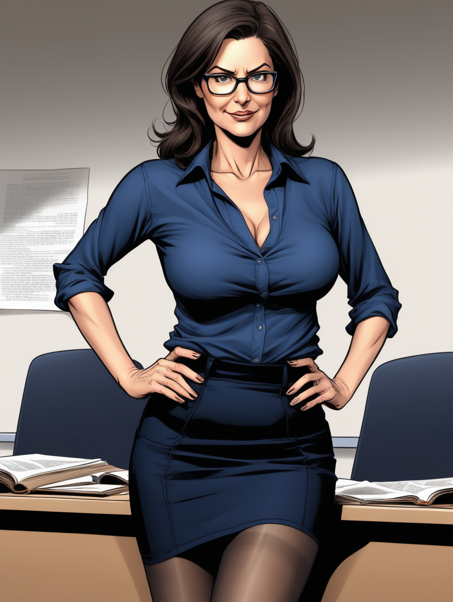 Beautiful, mature, brunette woman, teacher, glasses, [ripped open] (navy) shirt & (flowy) black skirt, exposed bra [Detailed comic book art style] leaning over lecture, black pantyhose 