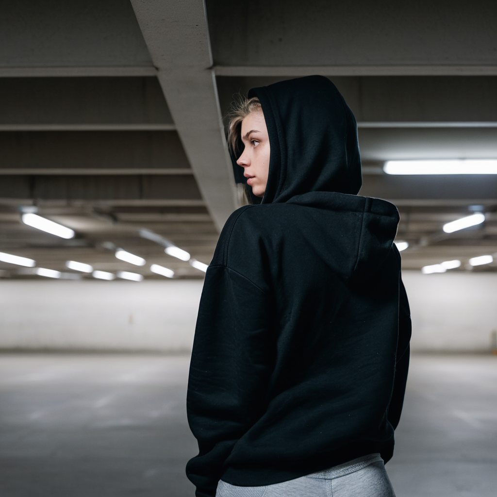 girl in parking garage facing away with black hoodie on