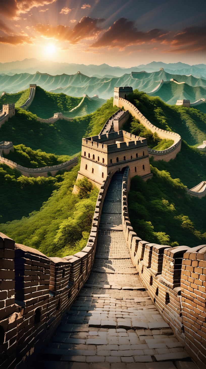 Imagine we're prompting, a captivating trivia background featuring the Great Wall of China. Showcase the intricate details of this iconic world wonder using a high-quality camera model and lens. Illuminate the scene with balanced and natural lighting, creating a universally usable and visually stunning composition for an immersive geography trivia backdrop.