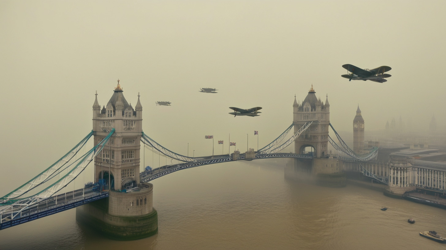 WW fighter planes flying over London bridge shrouded in fog 