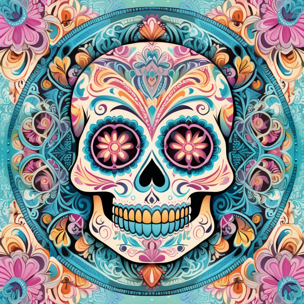 bright pastel colors, high details, symmetrical mandala, strong lines, day of the dead, candy skull