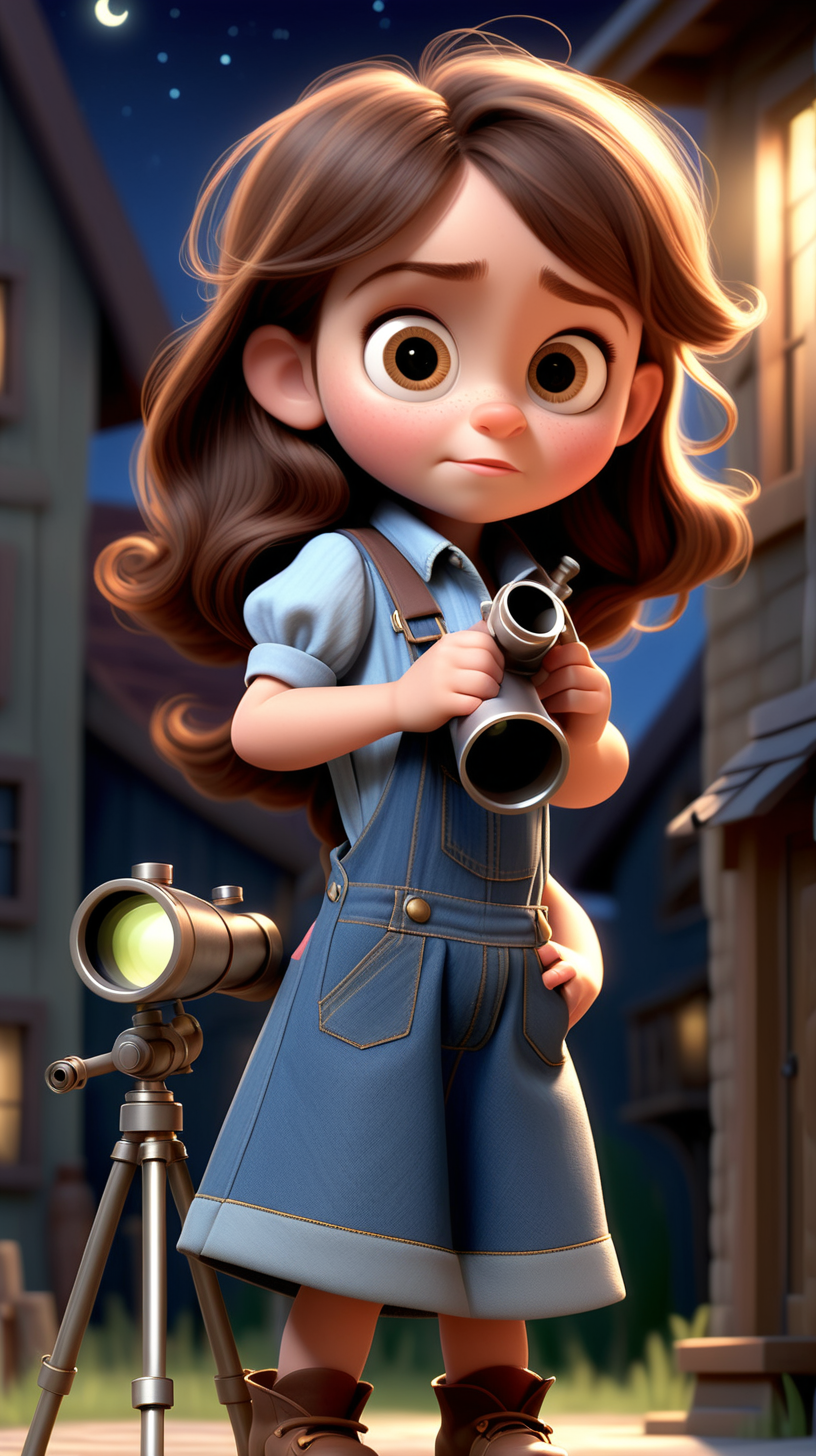 imagine 4 year old small girl with brown hair, fair skin, light brown eyes, wearing a denim dress overall, and a blue shirt, use Pixar style animation, make it full body size, in a village at night holding a telescope steampunk style, zoom out the image