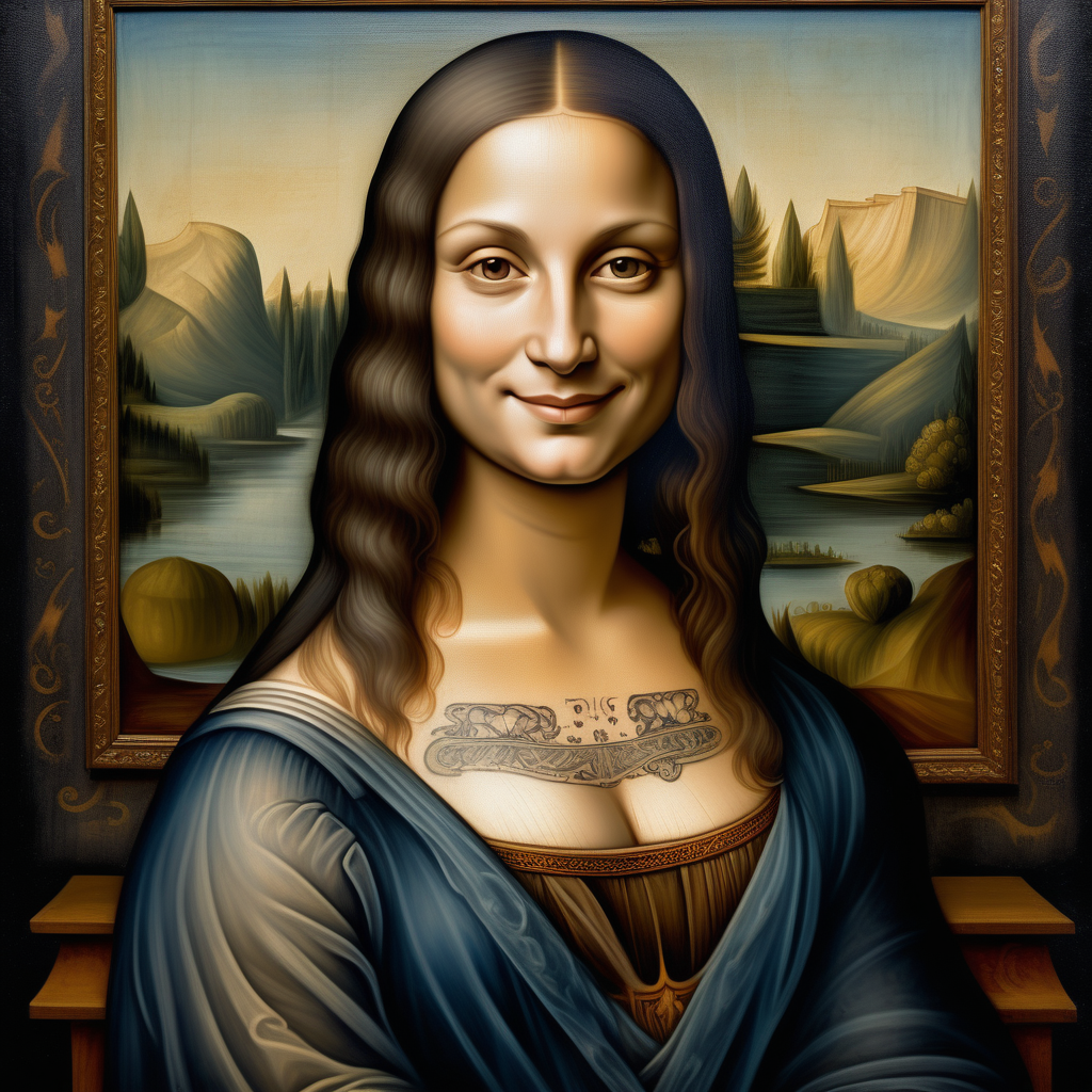 /imagine prompt: An enchanting portrait by Leonardo da Vinci, featuring a woman with  tattoos on her body and a mysterious smile, same as Monalisa painting, wearing flowing robes , this Monalisa is a full tattooed woman,  her gaze captivating and enigmatic, surrounded by soft, diffused lighting, artwork, oil painting on canvas, –ar 16:9 –v 5 -iw 2
