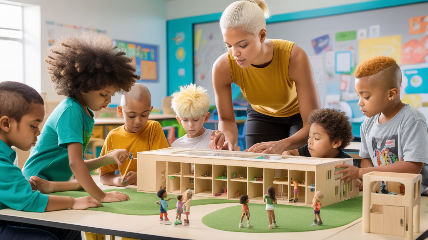 In a futuristic classroom, kids play in a simulation moving around furniture pieces with their minds. A teacher (mixed-race woman,  bleach blond shaved head) looks on as a group of 3 kids of different ethnicities is building a model of a school building with a greenspace and lots of colorful furniture