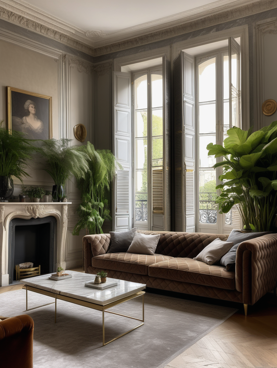 paris interior with windows, wallpapers, parquet light herringbone, big minimalistic brown velvet sofa, open Premier French Grey Shutter, many plants under the sofa, marble coffee table in front of the sofa, brass vintage handles on the window