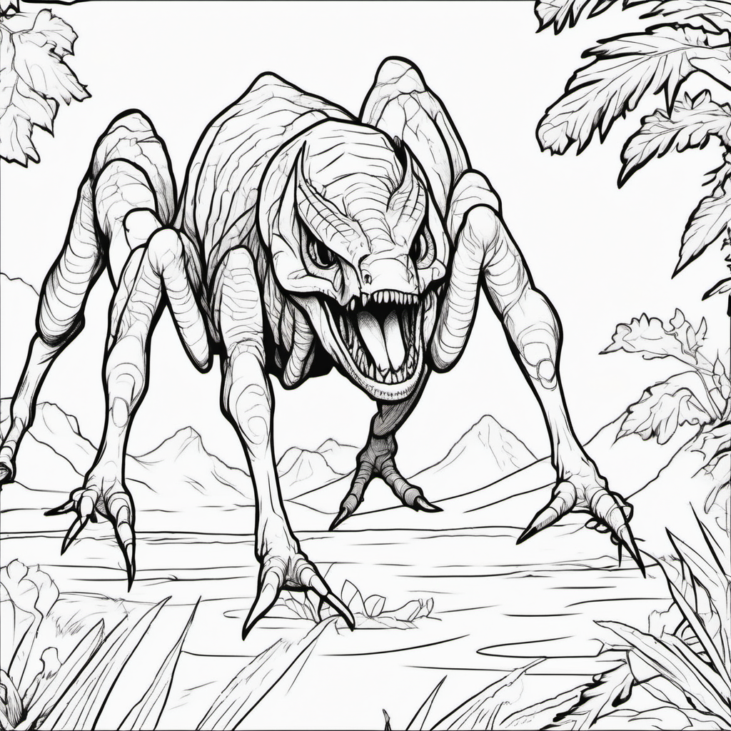 A dinosaur spider, chasing prey, coloring book pages