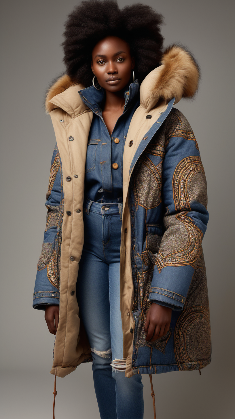 A beautiful black woman wearing a ponytail, wearing an African printed scarf, wearing a Beige, Levi denim jacket reimagined into a three quarter length, down filled parka, with brown fur shawl collar, African printed fabric inserted in various places, show Front, Back, and Side views with stainless buttons, standing at the Palace gates in London, with grey and blue shades and hues in the background