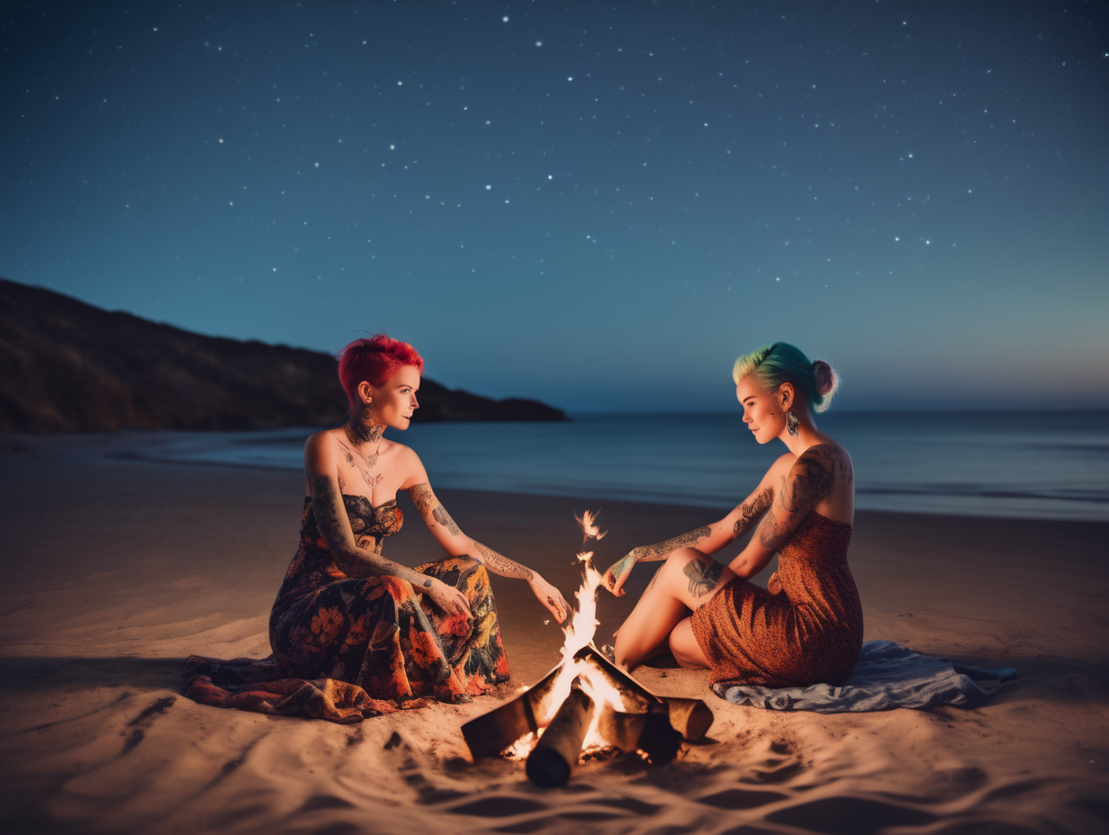 2 human females with tattoos and colourful open front dress sitting next to a fire on a beach under a starry sky