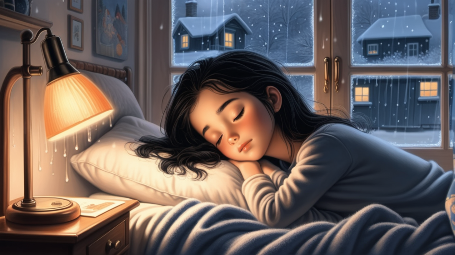 a beautiful girl is sleeping soundly in the bedroom, black hair, it is snowing outside the window, evening lighting from a lamp, deep focus: illustration for a story about a girl, background with a rainy window,