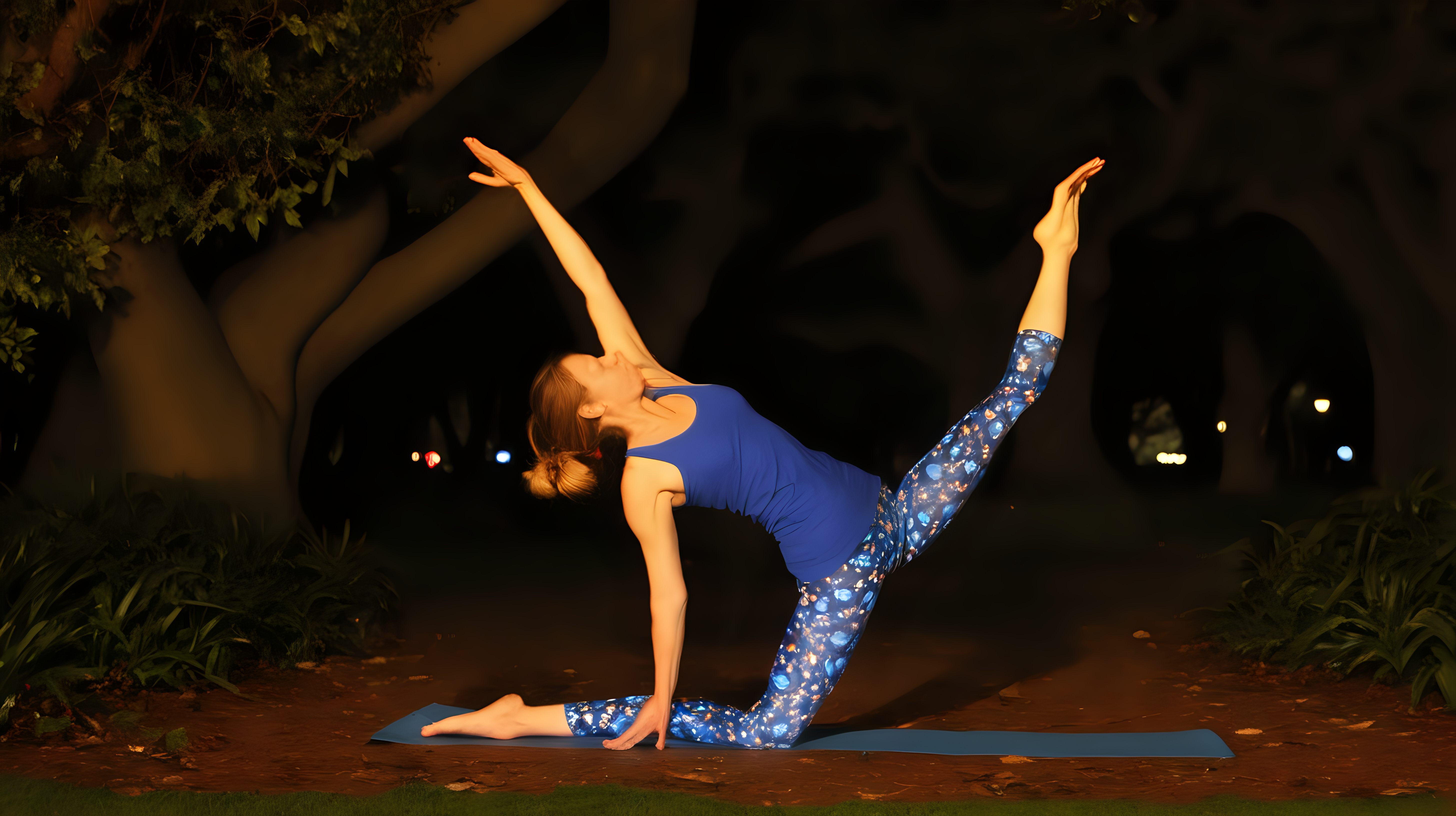 woman doing yoga at night in Golden Gate Park surrounded by red and blue butterflies