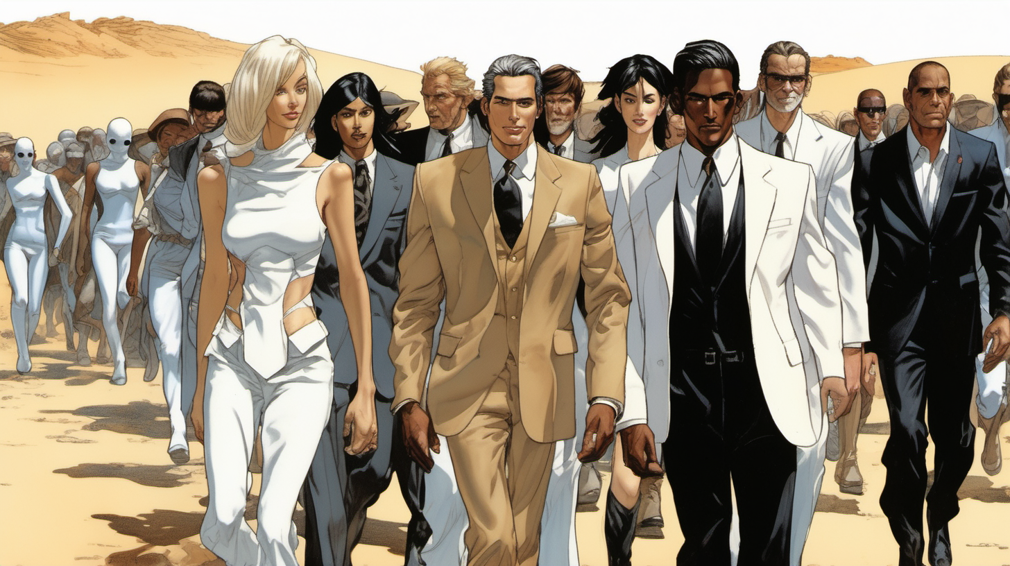 a tan man with a smile leading a group of gorgeous and ethereal white,spanish, & black mixed men & women with earthy skin, walking in a desert with his colleagues, in full American suit, followed by a group of people in the art style of Hajime Sorayama comic book drawing, illustration, rule of thirds