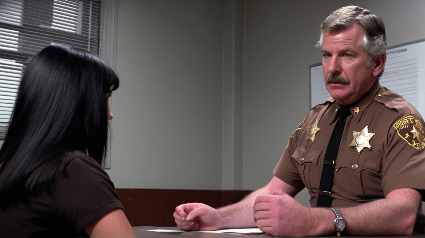 white man older sheriff in brown uniform interrogation  room,  girl black hair, black shirt
