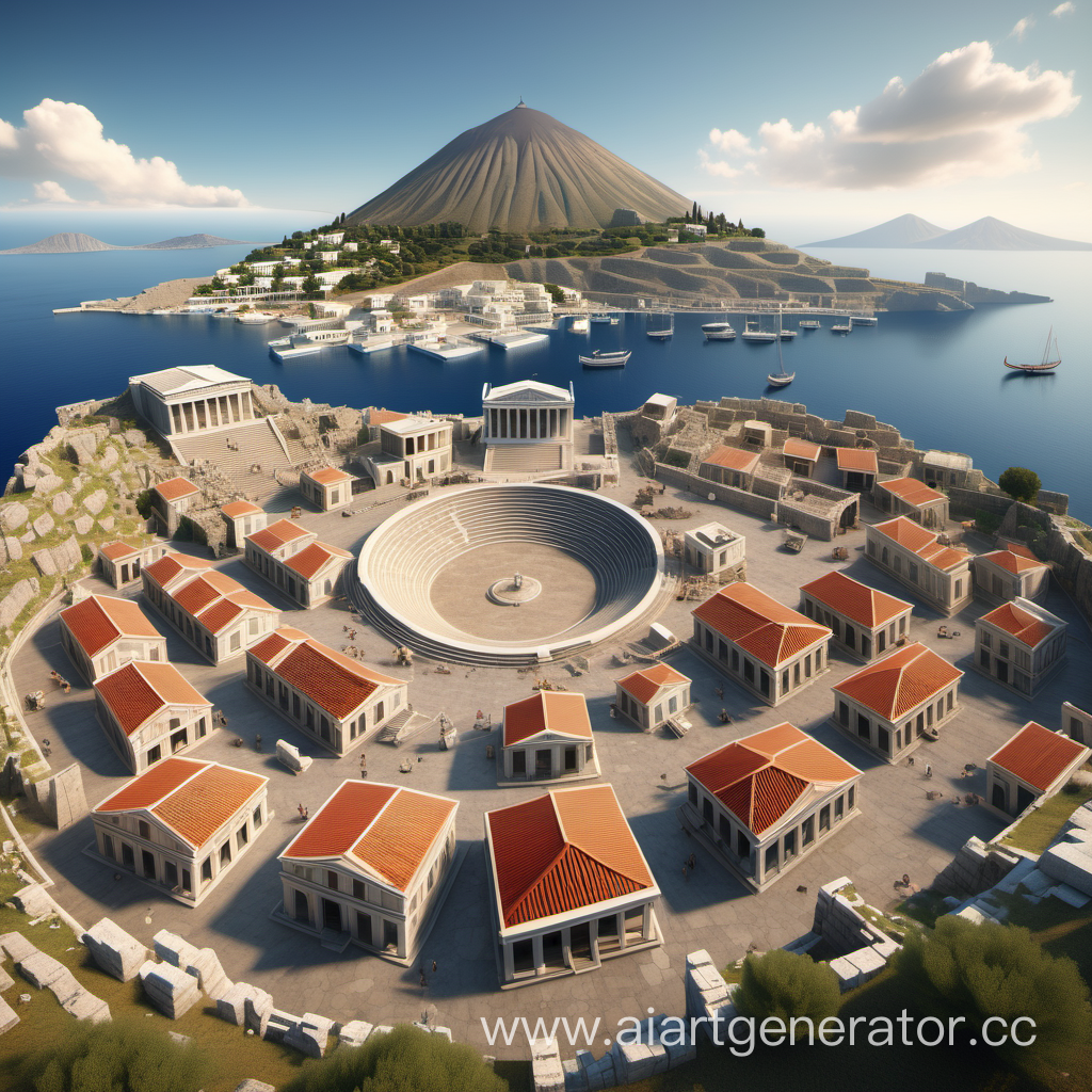 древнегреческий остров с домами рынком и спяшим вулканом по центру

