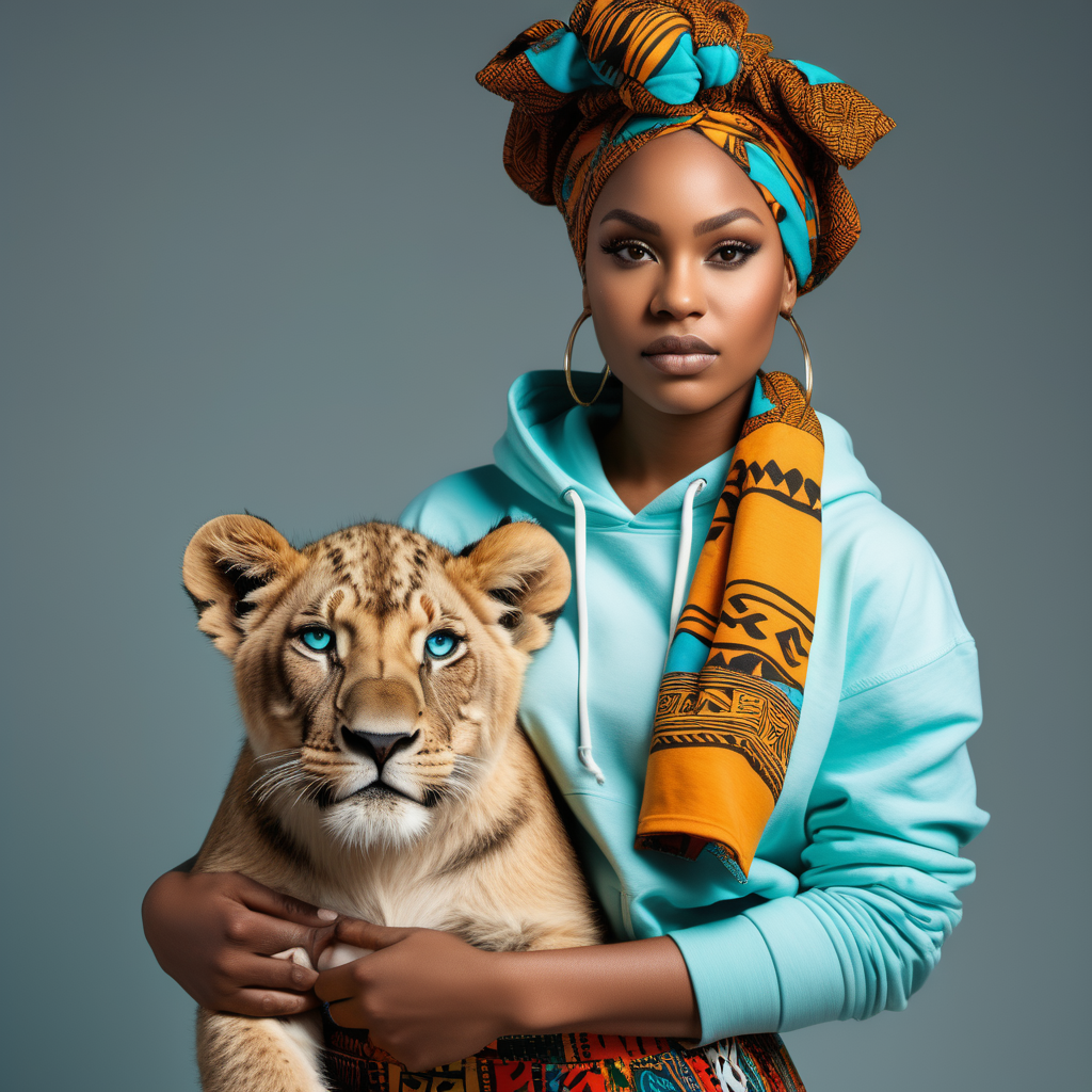 Beautiful Black woman with tribal markings on her eyes and forhead, wearing a multi color African headwrap and African print Skirt, cropped aqua blue cotton hoodie that has a tie at the midsection, wearing denim with African print material  inside the pockets,  Vibrant images that represent African heritage, In the sernegetti, looking to the left, holding a lion cub, view looking straight at , 4k, high definition, high resolution, light source from above right