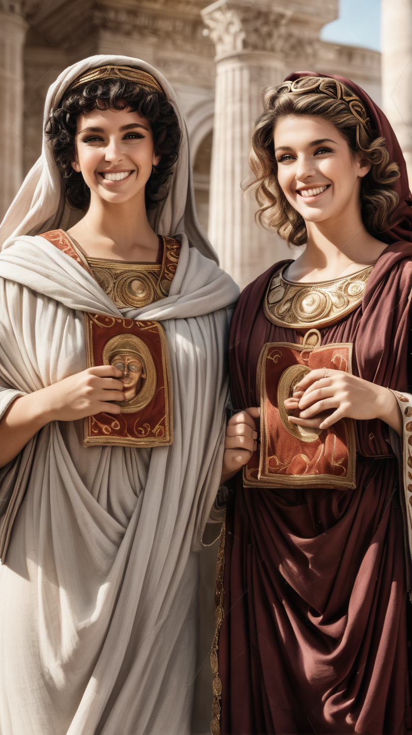 2 beautiful ancient Roman women holding holy robes and smiling faces
