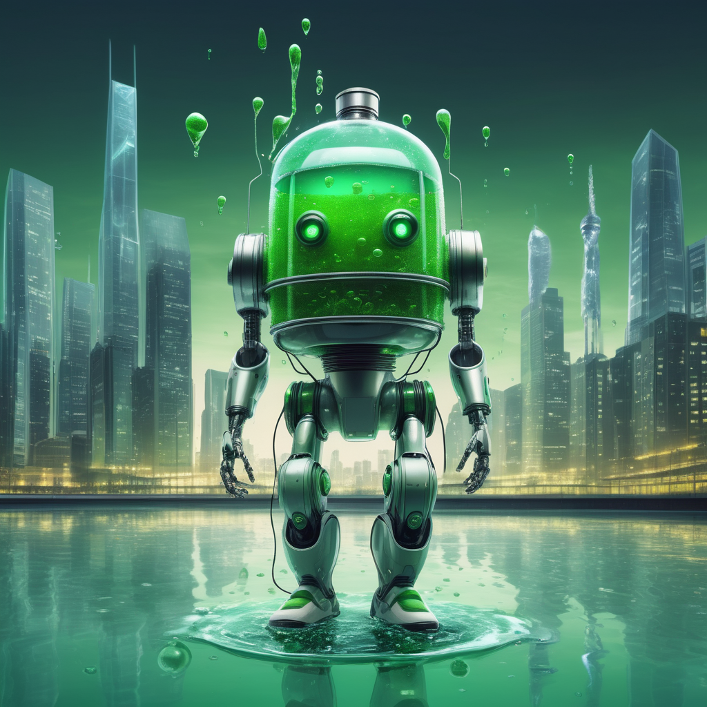 human shaped robot with glass tank filled with green water instead of head, steel and acid green, backpack, flying, city, night
