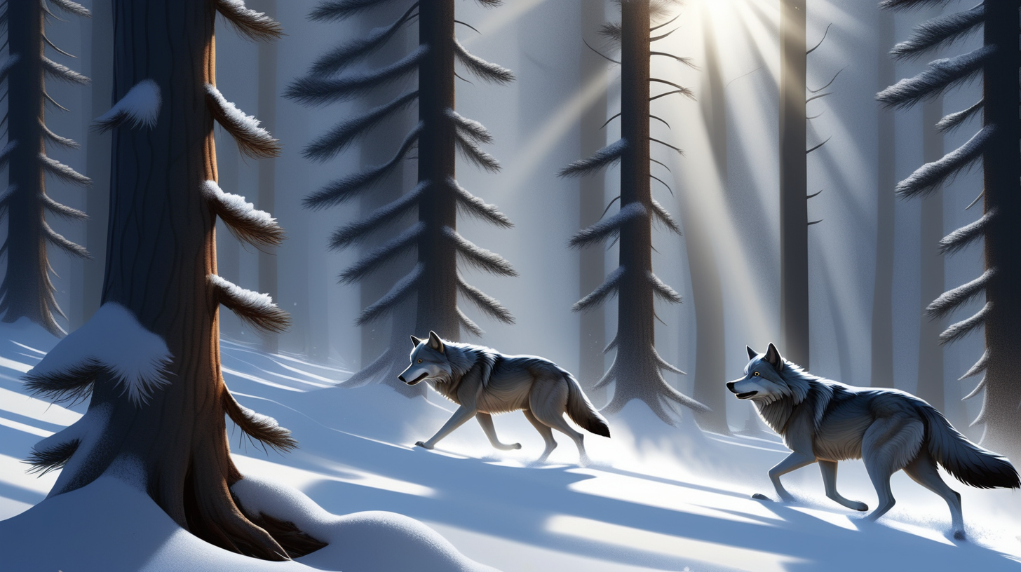 В лесу зима,  солнце светит ярко на синем небе, падает снег , снежинки кружатся в воздухе и ложатся на деревья высокие сосны, ели, дубы  и  на землю, образуют огромные сугробы. бегут  черные и серые волки. все они оставляют свои следы
