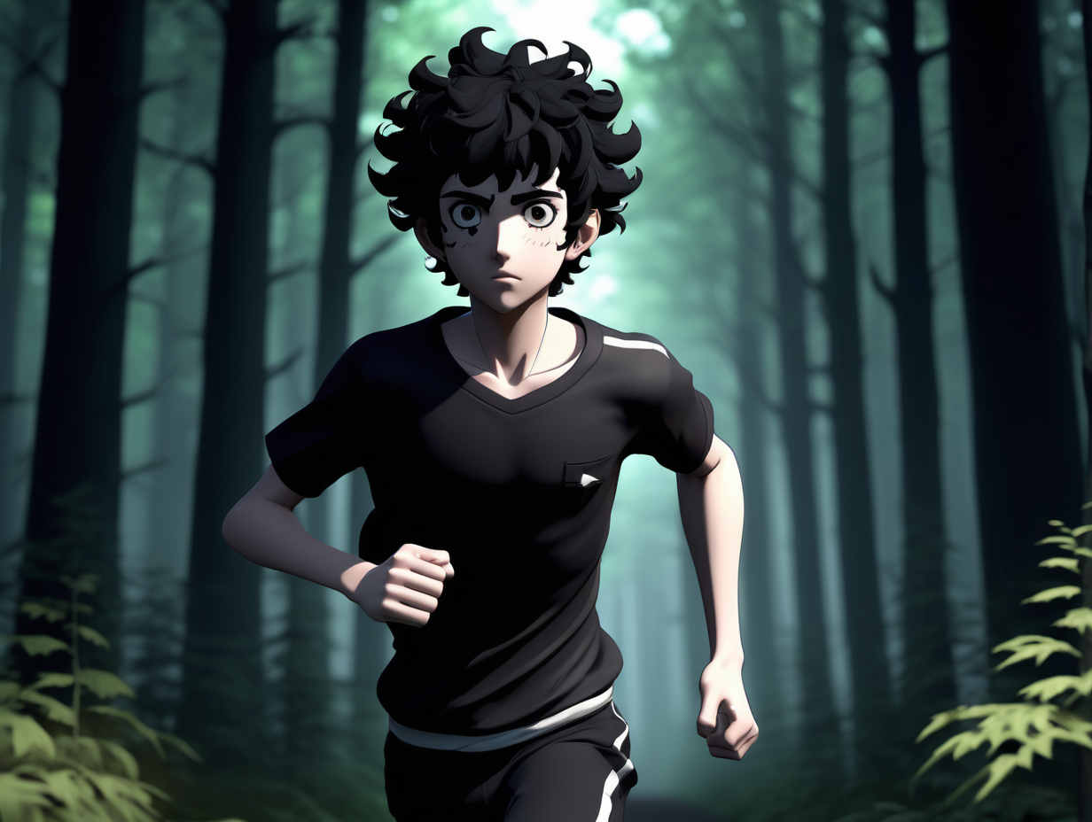 3d, anime, male, running in the forest from a dark shadow, front view, short black curly hair, black gauge earrings, thick black eyebrows, black eyes, emo, forest low light