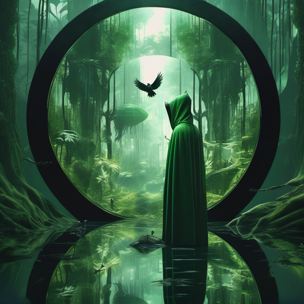 a hooded entity with a tribal cloak looking into a giant dimensional mirror which subtly shows a reflection which is similar yet dark, eerie and different, environment is a huge green futuristic jungle with a few small birds
