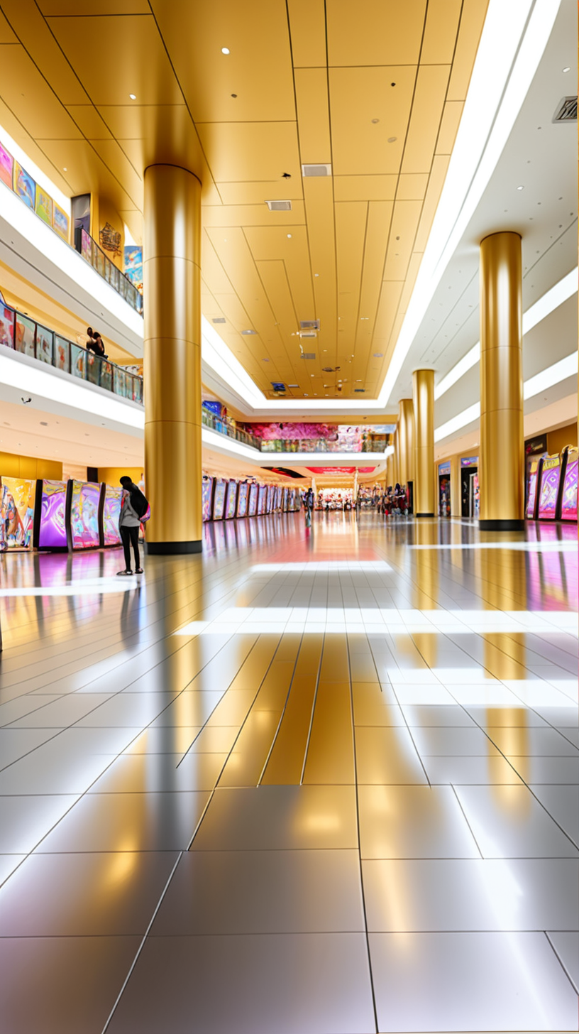 Inside a mall with golden walls with a silver floor with games and other stations around for background