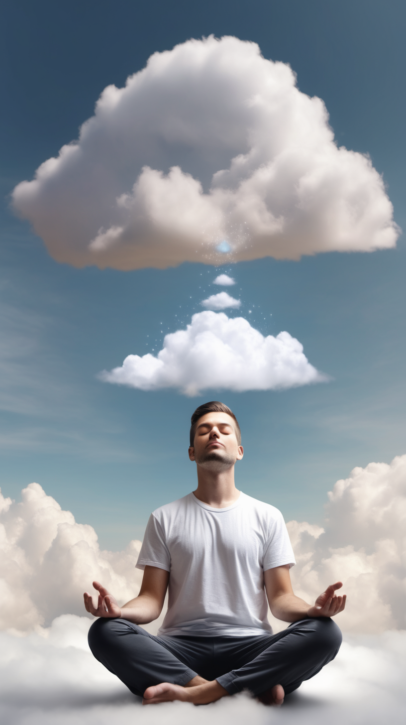 man with a daydream cloud above his head and in the cloud is him meditating 4k