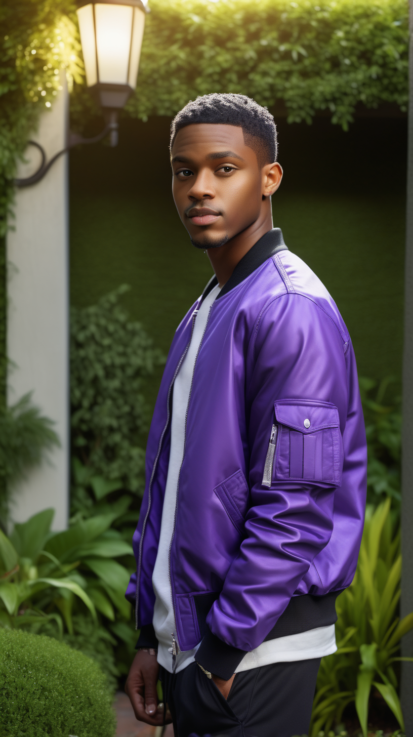 A handsome, young, Black man, wearing short, black hair, wearing a Purple, cut and sew, bomber jacket, standing against a lush garden background, Facing  the camera, wearing a blue dress shirt, wearing a white tee-shirt, wearing heather gray, loose fitting, sweatpants, lighting is over the left shoulder, from behind, pointing down, ultra 4k, render, high definition, light shadowing