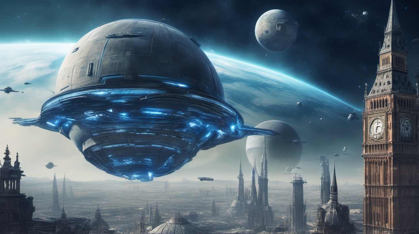 A blue alien spacecraft hovering in the foreground on an alien planet, a huge alien city in the background.