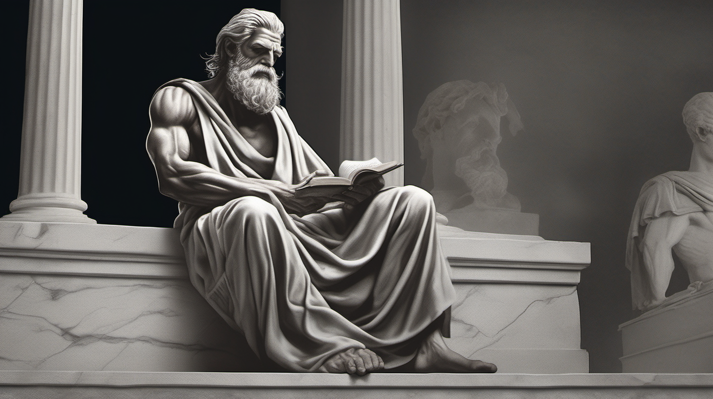 "Generate a captivating image of an elderly Greek philosopher, radiating strength and wisdom, seated on stone stairs. Capture the essence of classical aesthetics by portraying him with substantial muscles, long hair, and a flowing beard. Clothe him in a classic one-shoulder garment, evoking the iconic attire of ancient Greek philosophers. Depict the philosopher deeply engrossed in thought, with a quill in hand and parchment before him, as he pensively contemplates while surrounded by the timeless architecture of a Greek setting. Convey a sense of intellectual depth and contemplative solitude in this representation." And thinking to write something on a book with black background.
