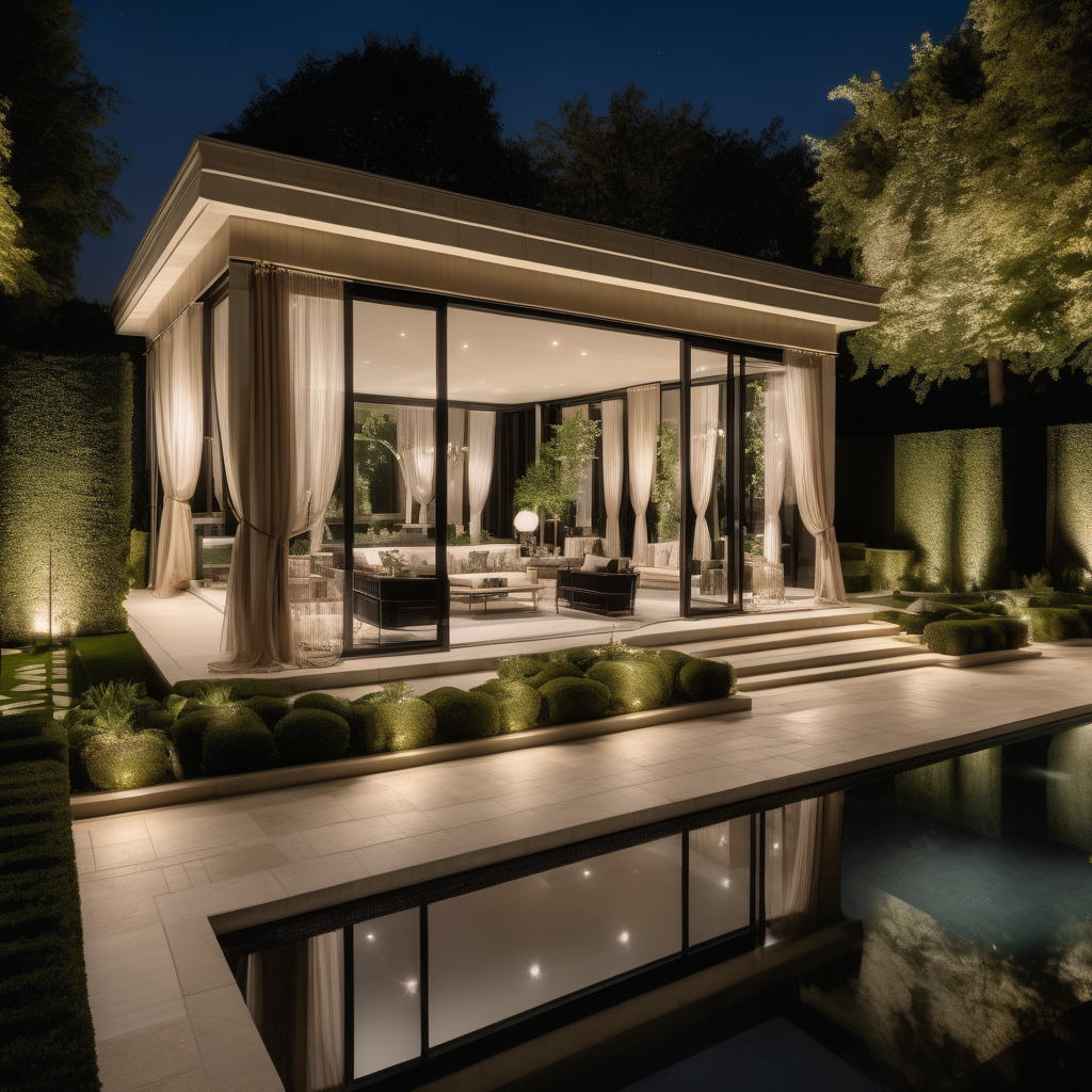 hyperrealistic modern Parisian Cabana with sheer curtains at night; mood lighting;  Limestone pavers;  overlooking the sparklin pool; beige, oak, brass and black colour palette; surrounded by open space, gardens and sprawling lawns --no neighbour houses

