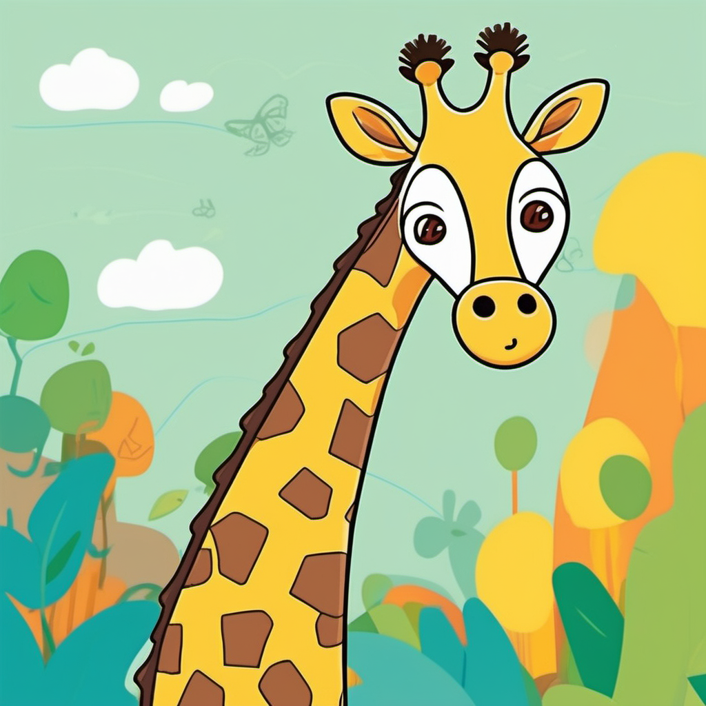 /imagine kids illustration, Giraffe neck and face in a  zoo, cartoon style, Thick Lines, low details, vivid color --ar 9:11
