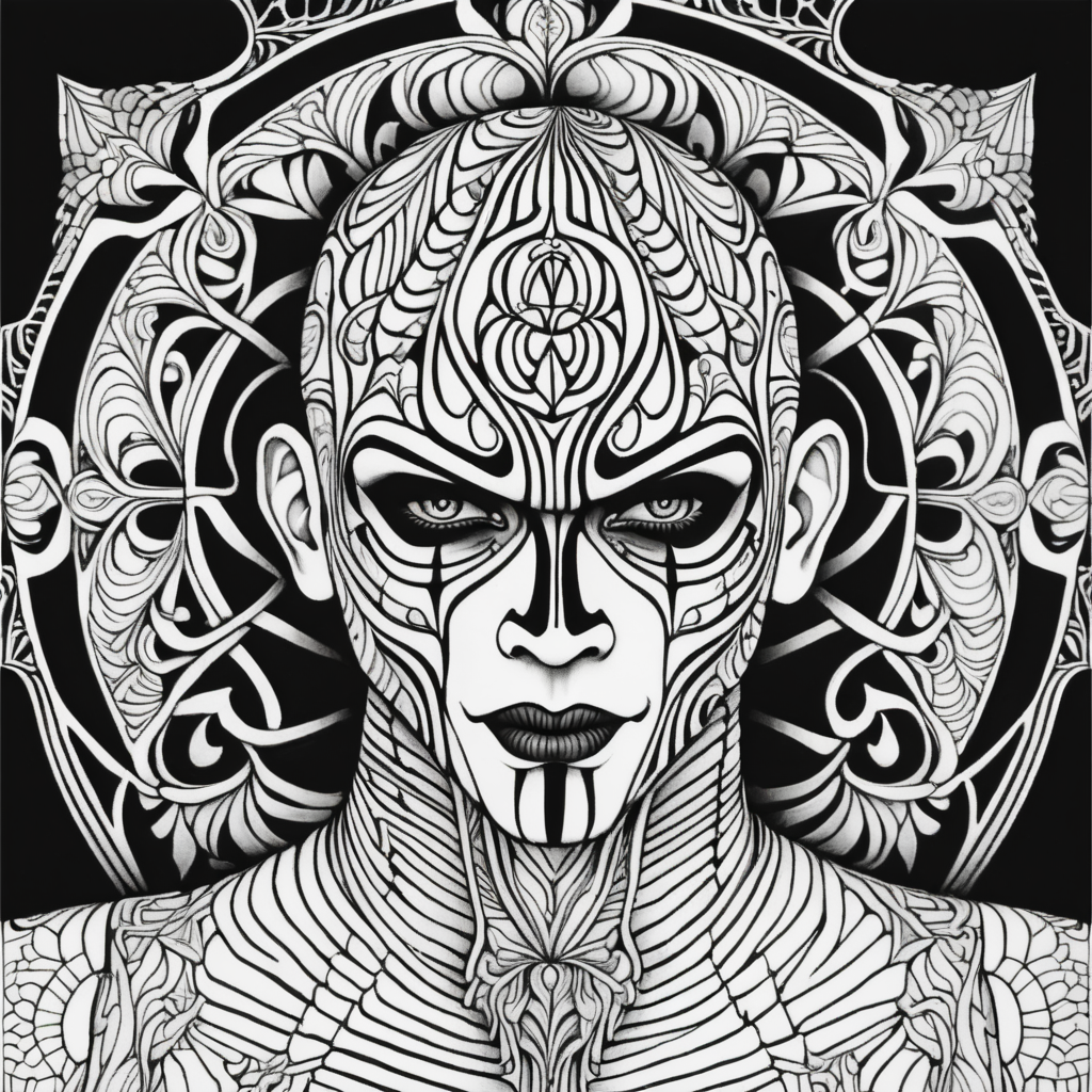adult coloring page, black & white, strong lines, high details, symmetrical mandala, evil gothic mime full body