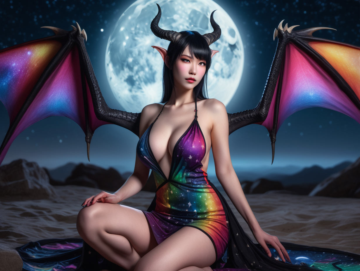 ultra-realistic high resolution and highly detailed close up adult film photoshoot of a slender female human dragon, with sleek pointy black horns gently swept straight backwards over head, draconic markings, with massive breasts, colourful open front loose transparent dress, sitting under a starry sky with the moon in the background, looking at the camera