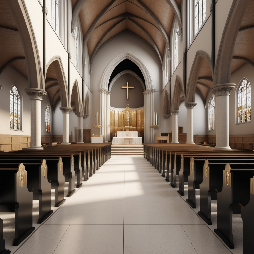 hyperrealistic image of an elegant church interior in a beige, oak, brass and black colour palette