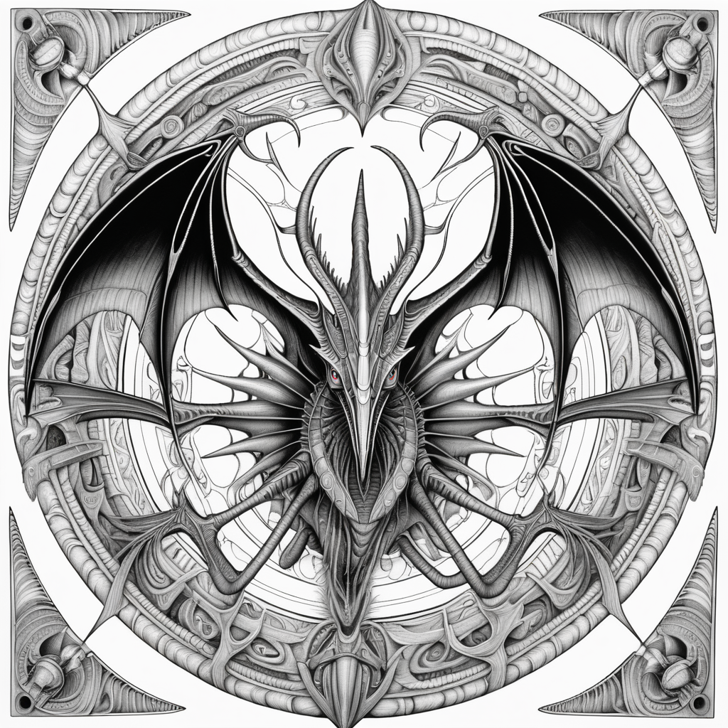 black & white, coloring page, high details, symmetrical mandala, strong lines, Pteranodon with many eyes in style of H.R Giger