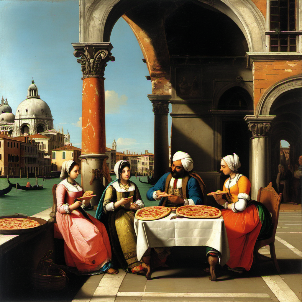 Indian parents and their two daughters eating pizza in Venice, Giovanni Antonio Canal (Canaletto) oil painting