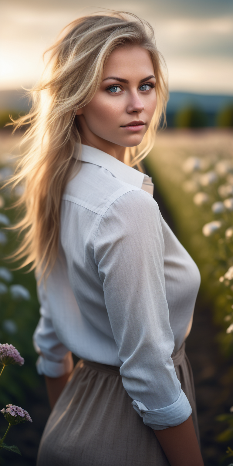 Beautiful Nordic woman, very attractive face, detailed eyes, big breasts, dark eye shadow,  messy blonde hair, wearing an unbuttoned dress shirt, bokeh background, soft light on face, rim lighting, facing away from camera, looking back over her shoulder, standing in a flower field, photorealistic, very high detail, extra wide photo, full body photo, aerial photo