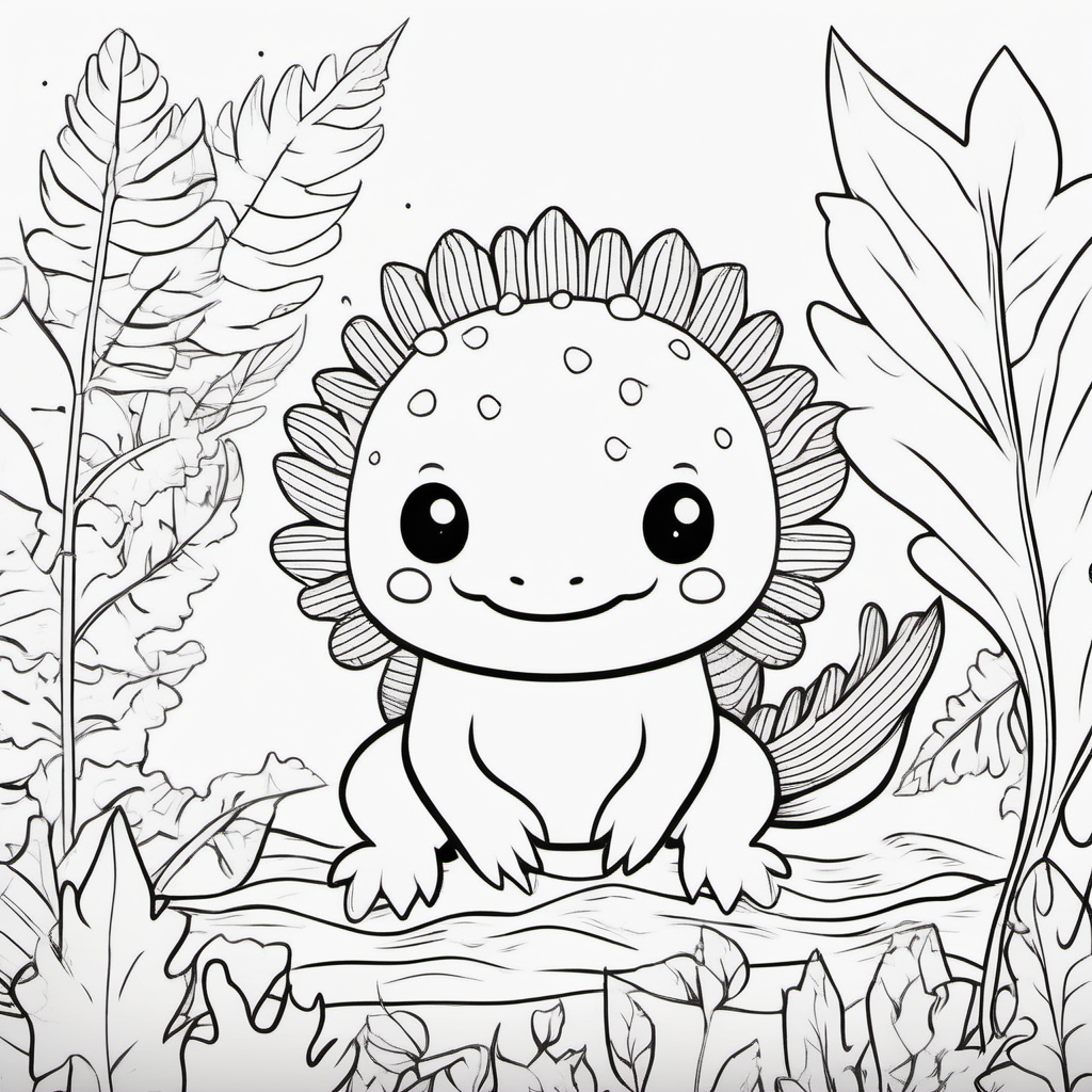 draw a colorful book cover for a coloring book for kids with cute animals like Axolotl with a nice background with leafs half outline and half with color